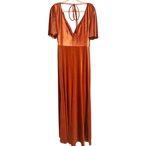 Velvet Wrap Maxi Dress Flutter Sleeve Tie Back Rust Orange Formal Evening - Picture 2 of 3